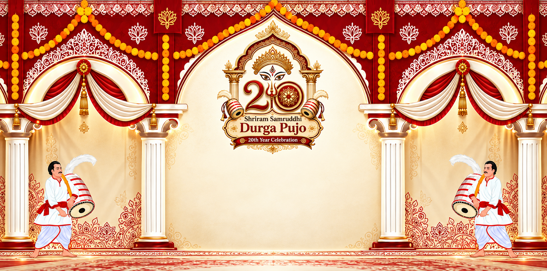 Durga Pujo pandal with two dhak players